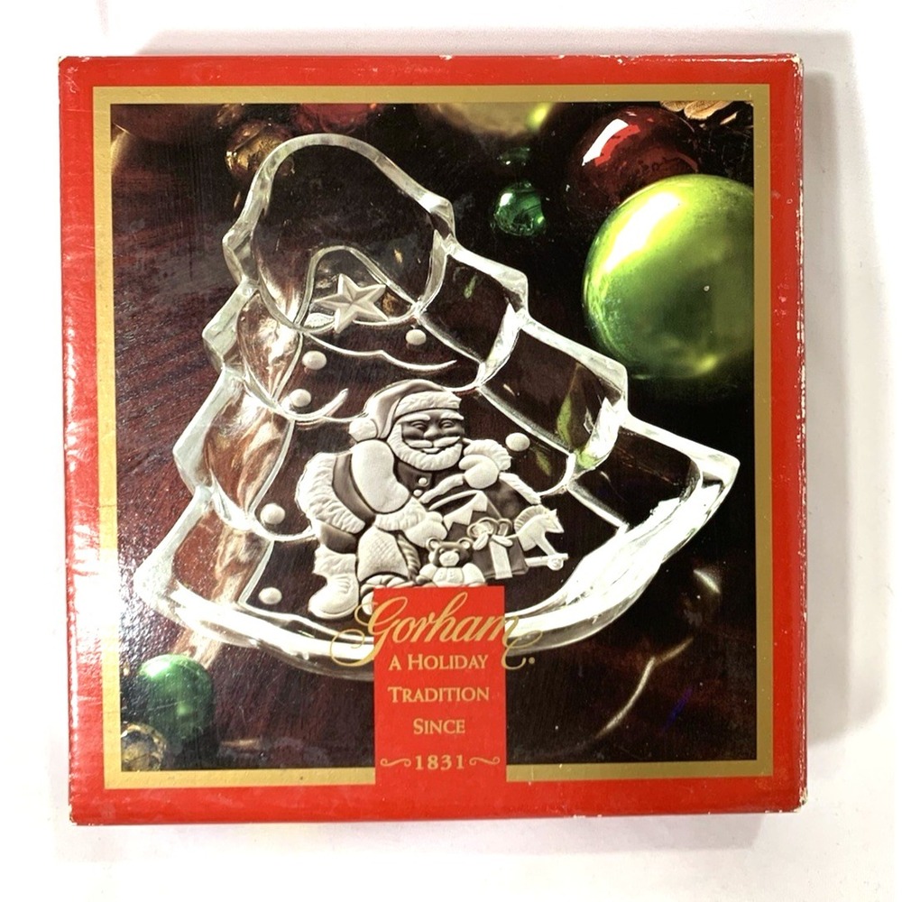 Gorham Crystal North Pole Express Dish 8.5" Tree Santa Christmas New Old Stock